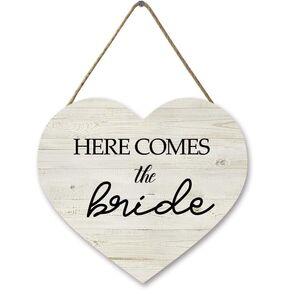 HERE COMES THE BRIDE Wooden Heart Shaped Sign Rustic Wedding Decoration Sign,Wedding Flower Girl Sign,Ring Bearer Sign Wedding Signs for Ceremony Engagement Props Bride Sign