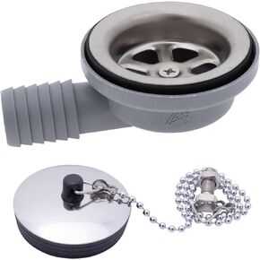 Ambassador Marine - 2 inch Drain, 95 Degree Drain, Low Profile, 1 inch Hose Barb, w/Chain Stopper - Brushed Finish - S00-0101-BP-W
