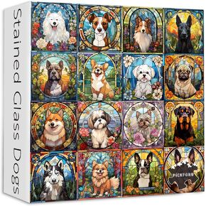 Stained Glass Puzzle, Dog Puzzles for Adults 1000 Pieces, Colorful Animal Puppy Collage Puzzles 1000 Pieces Corgi Bulldog, Hard Difficult Impossible Challenging Jigsaw Puzzles