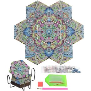 PATIKIL Diamond Art Coasters, 7 PCS Diamond Art Painting Coasters Kit Small DIY Coaster 5D with Holder for Adults Gift Christmas, Mandala Flower, Pink