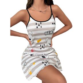 Floerns Women's Cute Print Ruffle Hem Sleep Dress Spaghetti Strap Cami Night Dress Sleepwear