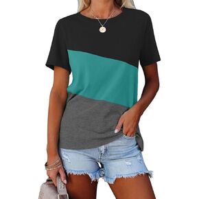 Womens Summer Color Block Tops 2024 Casual Short Sleeve Crew Neck T Shirts