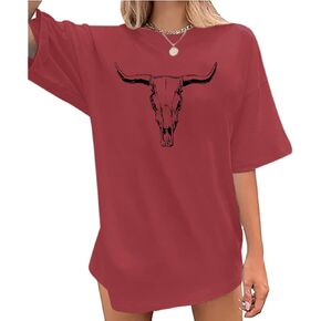 Western Cow Skull Shirts for Women Oversized Cowgirl T Shirt Country Graphic Tees Vintage Rodeo Tshirts Casual Tops