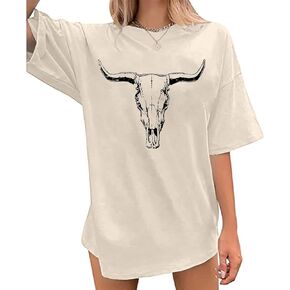 Western Cow Skull Shirts for Women Oversized Cowgirl T Shirt Country Graphic Tees Vintage Rodeo Tshirts Casual Tops