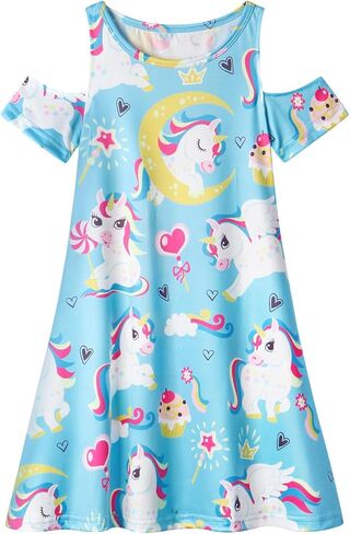 WonderBabe Girls Dresses Clothes Kids Short Sleeve Cold Shoulder School Twirly Skater Dress Summer Casual Mermaid Sundress in Kuwait