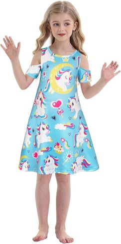 WonderBabe Girls Dresses Clothes Kids Short Sleeve Cold Shoulder School Twirly Skater Dress Summer Casual Mermaid Sundress in Kuwait