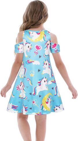 WonderBabe Girls Dresses Clothes Kids Short Sleeve Cold Shoulder School Twirly Skater Dress Summer Casual Mermaid Sundress in Kuwait