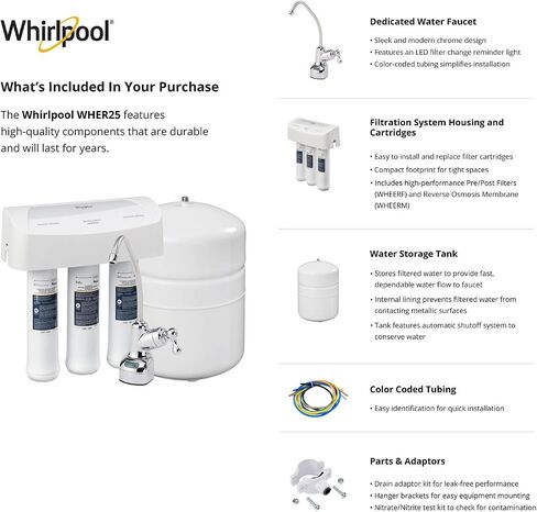 Whirlpool WHER25 Reverse Osmosis (RO) Filtration System With Chrome Faucet | Extra Long Life | Easy To Replace UltraEase Filter Cartridges, White in Saudi Arabia