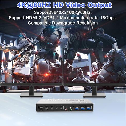 USB 3.0 Displayport+HDMI KVM Switch 2 Monitors 4 Computers, 4K@60Hz KVM Switch Dual Monitor 4 PC with 3 USB 3.0 Ports and Audio Microphone, 4 Port HDMI+DP Monitor Switch for 4 PC 2 Monitors in Saudi Arabia