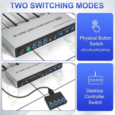USB 3.0 Displayport+HDMI KVM Switch 2 Monitors 4 Computers, 4K@60Hz KVM Switch Dual Monitor 4 PC with 3 USB 3.0 Ports and Audio Microphone, 4 Port HDMI+DP Monitor Switch for 4 PC 2 Monitors in Saudi Arabia