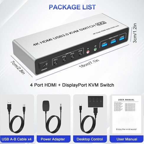 USB 3.0 Displayport+HDMI KVM Switch 2 Monitors 4 Computers, 4K@60Hz KVM Switch Dual Monitor 4 PC with 3 USB 3.0 Ports and Audio Microphone, 4 Port HDMI+DP Monitor Switch for 4 PC 2 Monitors in Saudi Arabia