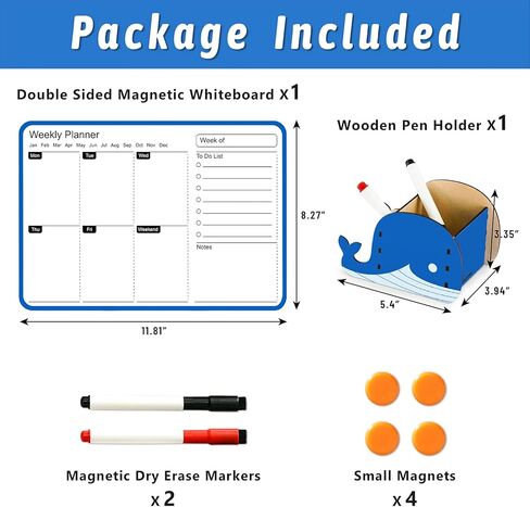 Premium Double-Sided Whiteboard - 11.8" x 8.3" Magnetic Dry Erase Board，Portable Weekly Calendar Whiteboard with Wooden Pen Holder Perfect for Office, Home, or School (Blue Frame) in Kuwait