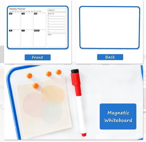 Premium Double-Sided Whiteboard - 11.8" x 8.3" Magnetic Dry Erase Board，Portable Weekly Calendar Whiteboard with Wooden Pen Holder Perfect for Office, Home, or School (Blue Frame) in Kuwait