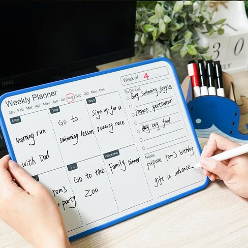 Premium Double-Sided Whiteboard - 11.8" x 8.3" Magnetic Dry Erase Board，Portable Weekly Calendar Whiteboard with Wooden Pen Holder Perfect for Office, Home, or School (Blue Frame) in Kuwait