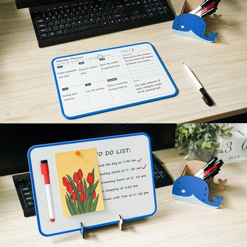 Premium Double-Sided Whiteboard - 11.8" x 8.3" Magnetic Dry Erase Board，Portable Weekly Calendar Whiteboard with Wooden Pen Holder Perfect for Office, Home, or School (Blue Frame) in Kuwait