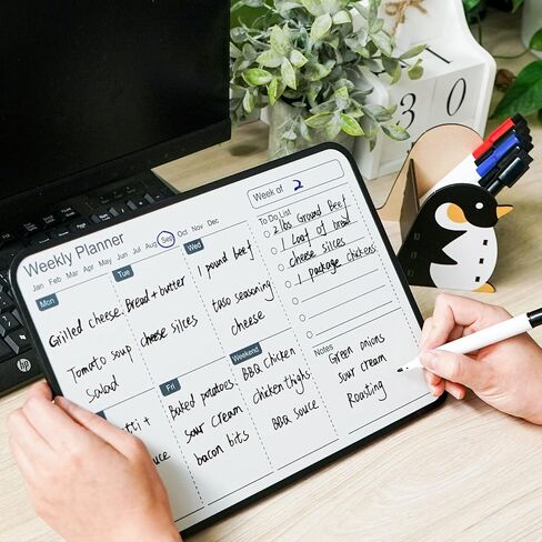 Premium Double-Sided Whiteboard - 11.8" x 8.3" Magnetic Dry Erase Board，Portable Weekly Calendar Whiteboard with Wooden Pen Holder Perfect for Office, Home, or School (Blue Frame) in Saudi Arabia