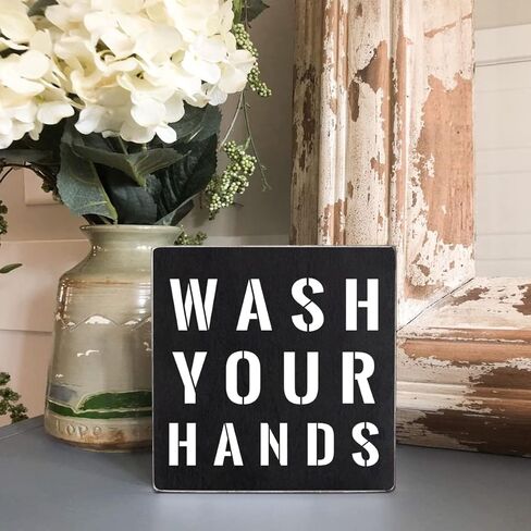 اغسل يديك بصندوق خشبي علامة فنية جدارية، لوحة ديكور حمام المزرعة المضحكة، ديكورات الرف للمطبخ والحمام 6 "x 6" in Kuwait