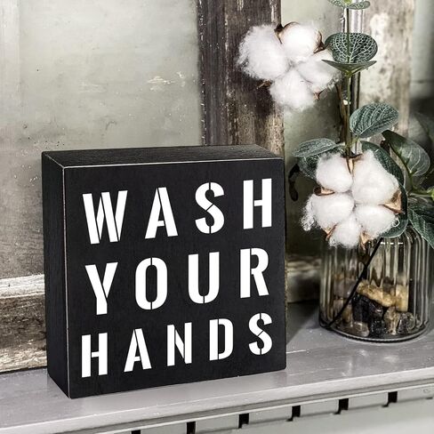 اغسل يديك بصندوق خشبي علامة فنية جدارية، لوحة ديكور حمام المزرعة المضحكة، ديكورات الرف للمطبخ والحمام 6 "x 6" in Kuwait