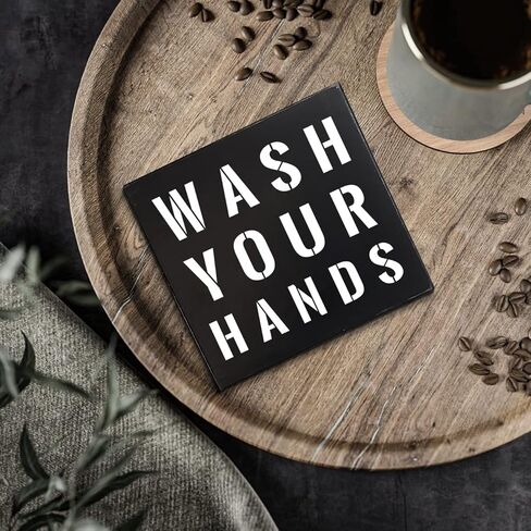 اغسل يديك بصندوق خشبي علامة فنية جدارية، لوحة ديكور حمام المزرعة المضحكة، ديكورات الرف للمطبخ والحمام 6 "x 6" in Kuwait