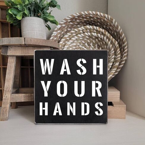 اغسل يديك بصندوق خشبي علامة فنية جدارية، لوحة ديكور حمام المزرعة المضحكة، ديكورات الرف للمطبخ والحمام 6 "x 6" in Kuwait