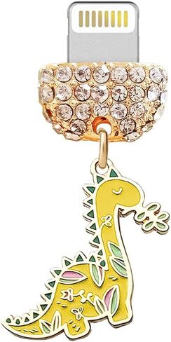 ELISE & FONDA CP475 USB Charging Port Crystal Anti Dust Plug Dinosaur Phone Charm for iPhone 13/12/11/ XS MAX/XR/X/8 Plus/7/6S/8/SE iPad iPod (Yellow) in Saudi Arabia