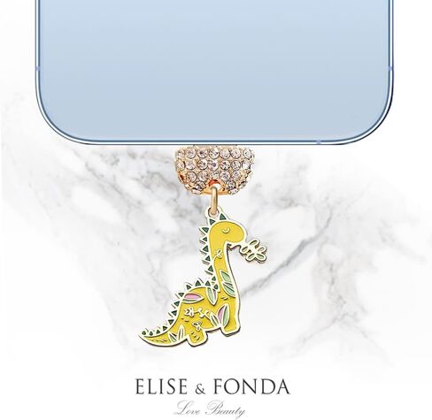 ELISE & FONDA CP475 USB Charging Port Crystal Anti Dust Plug Dinosaur Phone Charm for iPhone 13/12/11/ XS MAX/XR/X/8 Plus/7/6S/8/SE iPad iPod (Yellow) in Saudi Arabia