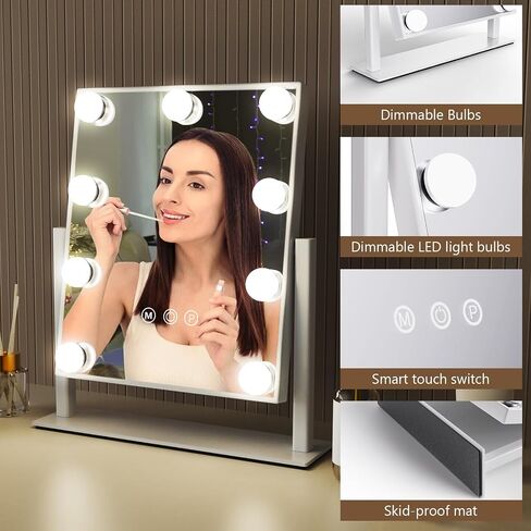 Hollywood Vanity Makeup Mirror with Lights - 9 LED Bulbs, Touch Control, 3 Colors Light, 360° Rotation, Light Up Vanity Mirror for Dressing Room & Bedroom in Saudi Arabia