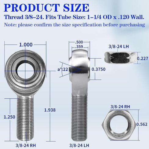 3/8 x 3/8-24 Heim Joints Rod End Kit,Male Economy Hand Rod End Bearing with Jam Nuts,Heim Joint CM6 LH and RH Rod End (2 Pcs) in Kuwait