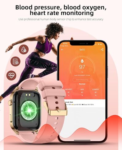 ساعة ذكية، مراقب أكسجين الدم الحقيقي بالأشعة تحت الحمراء، ساعة ذكية عالية الدقة 1.91 بوصة للنساء مع معدل ضربات القلب وضغط الدم ومراقبة النوم، ومتتبع اللياقة البدنية المقاوم للماء IP68 متوافق مع Android iOS iPhone وردي in Kuwait
