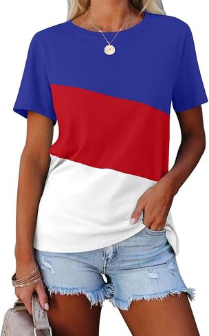 Womens Summer Color Block Tops 2024 Casual Short Sleeve Crew Neck T Shirts in Saudi Arabia