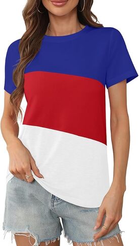 Womens Summer Color Block Tops 2024 Casual Short Sleeve Crew Neck T Shirts in Saudi Arabia