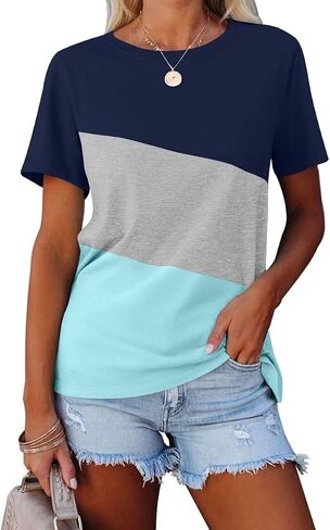 Womens Summer Color Block Tops 2024 Casual Short Sleeve Crew Neck T Shirts in Saudi Arabia