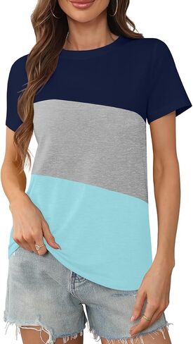 Womens Summer Color Block Tops 2024 Casual Short Sleeve Crew Neck T Shirts in Saudi Arabia