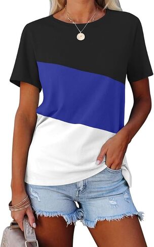 Womens Summer Color Block Tops 2024 Casual Short Sleeve Crew Neck T Shirts in Saudi Arabia