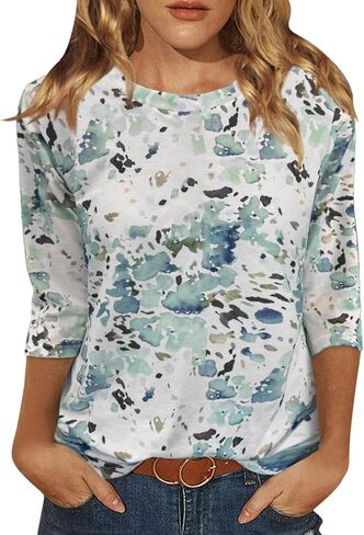 Womens Tops 3/4 Sleeve Shirts Crew Neck Loose Casual Blouses Floral Print Tshirts in Saudi Arabia
