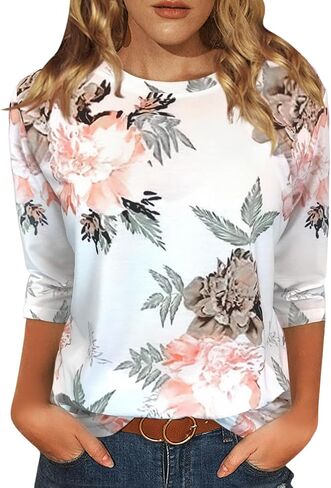 Womens Tops 3/4 Sleeve Shirts Crew Neck Loose Casual Blouses Floral Print Tshirts in Saudi Arabia
