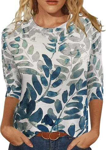 Womens Tops 3/4 Sleeve Shirts Crew Neck Loose Casual Blouses Floral Print Tshirts in Saudi Arabia