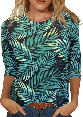 Womens Tops 3/4 Sleeve Shirts Crew Neck Loose Casual Blouses Floral Print Tshirts in Saudi Arabia