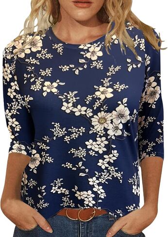 Womens Tops 3/4 Sleeve Shirts Crew Neck Loose Casual Blouses Floral Print Tshirts in Saudi Arabia