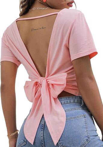 LilyCoco Backless Tops for Women Short Sleeve Sexy Crew Neck Tie Back Plain Shirt in Kuwait