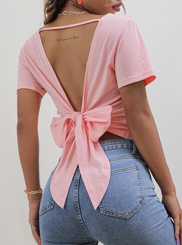 LilyCoco Backless Tops for Women Short Sleeve Sexy Crew Neck Tie Back Plain Shirt in Kuwait