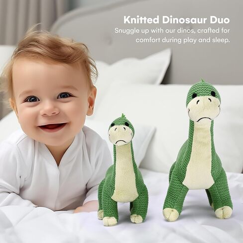 CHILDLIKE BEHAVIOR Crochet Stuffed Animals, Set of 2 - Baby Dinosaur Toys - Soft Washable Crochet Plushies - Stuffed Crochet Plushies - 11.5" (Small) and 15" (Big) Knitted Dinosaurs in Light Blue in Kuwait