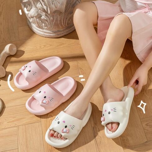النعال القط النساء لطيف كيتي وسادة الشرائح وحيد سميك Kawaii عدم الانزلاق التجفيف السريع Preppy دش الحمام الصنادل في الهواء الطلق in Kuwait