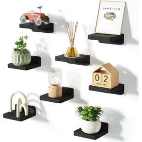 SRIWATANA Small Floating Shelves Wall Mounted, 4 Inch Wood Shelf for Decoration and Storage Set of 8, Mini Display Shelf for Bedroom, Bathroom, Kitchen, Office (Black)