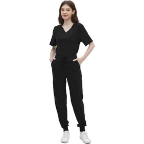 Scrub for Women Set Classic V-neck Top & Jogger Scrub Pants Medical Uniform Suit with 9 Pockets