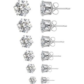 6-pairs 18K gold plated Earrings round transparent Cubic zirconia ear studs 3-8 MM set