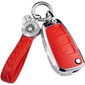 SHANGHONG Compatible with Audi Key Fob Cover with Keychain Genuine Leather Crystal Full Protection Key Case Shell Fit for Audi A1 A3 Q3 Q7 R8 A6L TT Smart Key-Pink