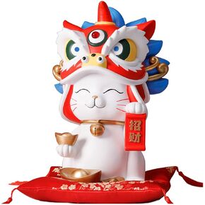 Tissting 11x7.1x6.3in Art Piece Lucky Cat Waving Arm Forbidden City Lion Dance Fortune Cat Resin Ornament,Vivid and Lovely Chinese Cat, Fortune Cat Figure Ornament for Shop Office(White)