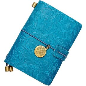 Refillable Leather Journal, Handmade Blue Leather Notebook with Bookmark for Men & Women, Vintage Leather Notepad Sketchbook Perfect for Writing, Gifts, Travelers (Blue, Passport)