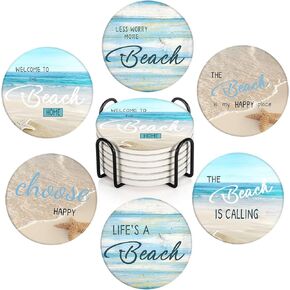 Britimes Coaster for Drinks Set of 6, Beach Shell Antique Teal Blue Table Absorbent Round Ceramic Stone Mat, with Cork Base and Metal Holder, Gift for Housewarming Room Bar Decor